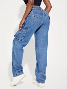 Women's vintage blue straight leg cargo jeans with multi-pocket design and retro wash