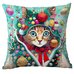 Detail of a square Christmas pillowcase with a watercolor cat wearing festive ornaments