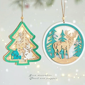 Christmas Hanging Ornament Luminous Wooden LED Light Reindeer Snowman Pattern Laser Cut Festive Home Tree Decor