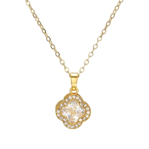 Elegant gold four-leaf clover necklace with sparkling zircon pendant and delicate O-chain