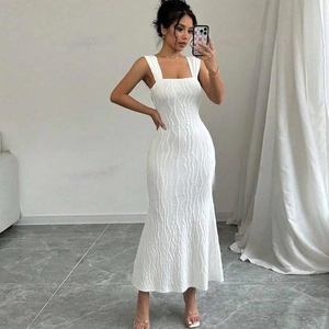 Elegant white square neck sleeveless maxi dress with unique 3D wavy texture and fishtail hem