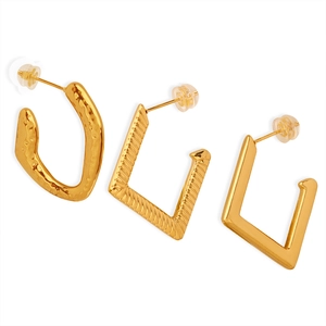 Textured gold-plated titanium steel geometric earrings set with oval and square designs