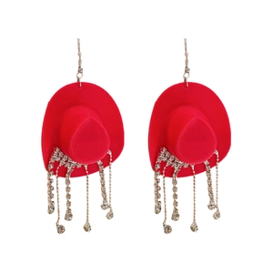 Hip hop style red cowboy hat earrings with sparkling rhinestone fringe on white background