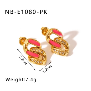 Detail view of pink enamel 18k gold earrings with cubic zirconia, size 2.2cm by 1.2cm
