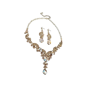 Elegant gold drop necklace and earrings set with sparkling champagne crystals for women