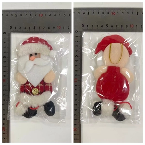 Front and back detail of Santa Claus doll ornament with plush beard and golden button