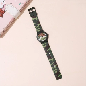 Minimalist jungle camouflage quartz watch with black plastic case and digital markers