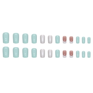 24pcs square press-on nails in mint green and pearlescent white set on plain background