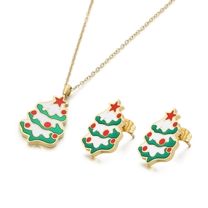 Parure bijoux sapin de Noël avec collier et boucles d'oreilles en émail doré brillant