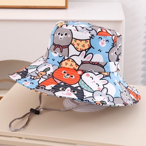 Detail of cartoon animal print kids sun hat with adjustable windproof drawstring strap