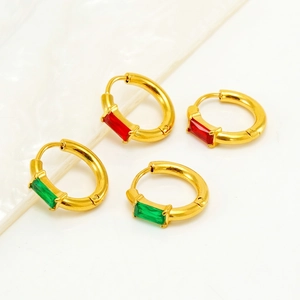 French style gold square zircon earrings set with red and green gemstones in minimalist design