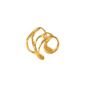 Irregular hollow fluid design open ring in polished gold finish stainless steel