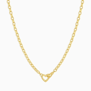 Minimalist 18k gold plated heart paperclip necklace with twin buckle on white background