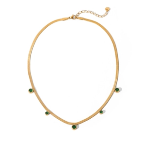 Gold plated snake chain necklace with five green gemstone pendants and lobster clasp