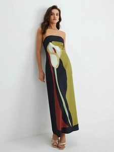 Elegant black backless halter dress with artistic floral prints and a flattering waist