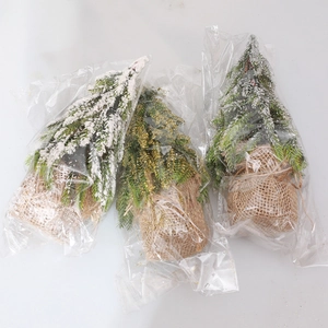 Set of 3 mini burlap Christmas trees with flocked snow, gold, and silver finishes