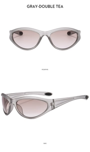 Front and side views of Y2K sporty grey wrap sunglasses with tea tinted lenses
