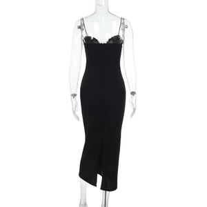 Detailed back view of a slim fit black knit dress showing zipper and slit detail