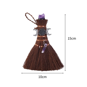Mini palm wicca broom car pendant with raw amethyst and triple moon goddess metal charm