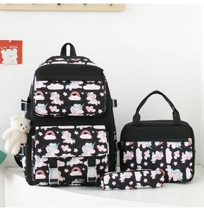 Detail view of black nylon 3-piece set with unicorn prints including backpack and lunch bag