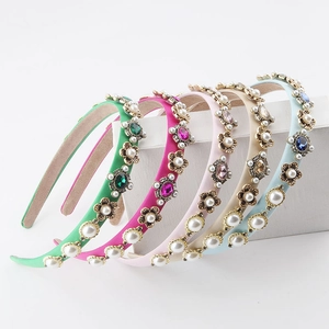 Vintage Baroque Rhinestone Fabric Headband For Women Luxury Alloy Flower Imitation Artificial Pearl Hair Accessory Fashion Thin Edge Hairband