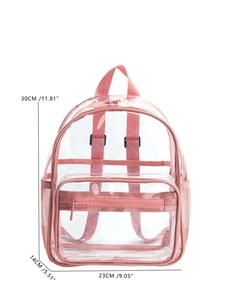 Detailed dimensions of transparent pink PVC backpack: 30x23x14 CM for size reference