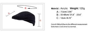 Detailed size guide for knitted beret cap showing dimensions and acrylic fabric specs