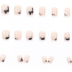 Cute black cat cartoon press-on nails with white French tips and nude base color