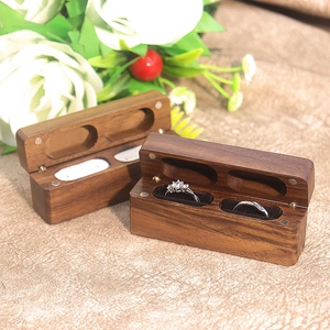 Handcrafted walnut wood double ring box with black velvet lining for wedding and proposal