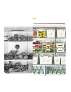 Before and after comparison of tidy food-grade transparent fridge storage containers