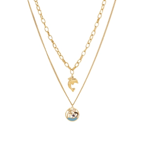 Double-layered gold stainless steel necklace with dolphin and coconut tree pendants
