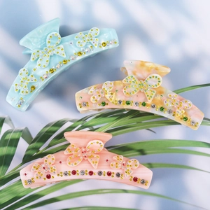 Elegant shark hair clip set with 3D rhinestones butterfly design in blue and pink
