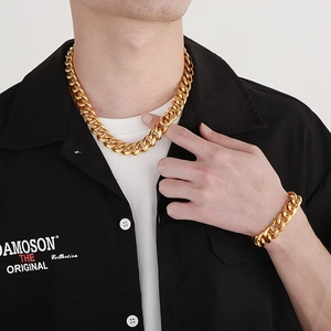 Polished 15mm gold Cuban link chain necklace and bracelet set for men hip hop style