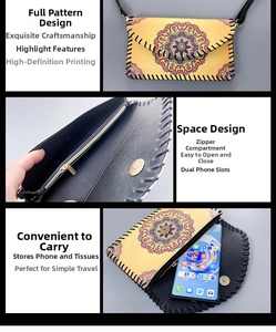 Detail of ethnic crossbody phone bag with mandala print, magnetic buckle and inner zipper