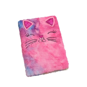 Cute cartoon cat plush diary with pink gradient faux fur and sequin ears for kids