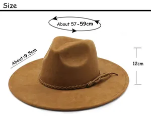 Size guide for suede fedora hat with 57-59cm circumference, 9.5cm brim, and 12cm height