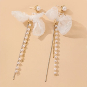 Boucles D'Oreilles Longues À Pompon Élégantes Avec Nœud En Tissu Et Fausse Künstliche Perle Tige En Argent Sterling 925 Style Doux Pour Femmes