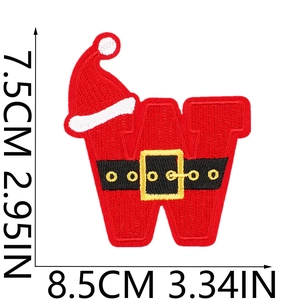 Detailed view of red Christmas letter W embroidery patch with size 8.5x7.5cm