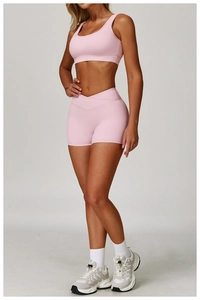 Rosa Yoga-Shorts-Set mit hoher Taille, Cross-Bund und Sport-Bra für das Fitness-Training