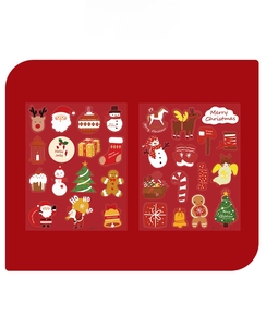 Festive Christmas stickers featuring Santa, snowman and reindeer on a bright red background