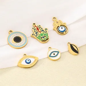 Stainless Steel Evil Eye Hamsa Hand Charms Enamel Gold Plated Vintage Pendants For DIY Jewelry Making Crafts