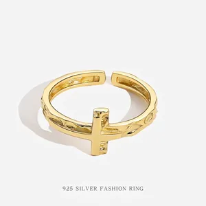 Minimalist 925 Sterling Silver Cross Open Ring Hammered Texture Adjustable Finger Ring Religious Jewelry For Women