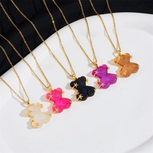 Copper micro-pave zircon resin bear pendant necklaces with gold water wave chain