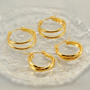 Minimalist gold double layer C-shaped earrings in polished stainless steel for women