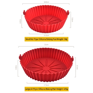 Reusable red round silicone air fryer liners in small and large sizes with side handles