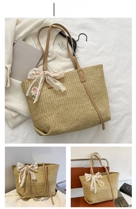 Detail of khaki straw tote bag featuring delicate lace floral bow and brown handles