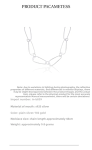 Macro detail of S925 silver safety pin link necklace with product specifications and 48cm length
