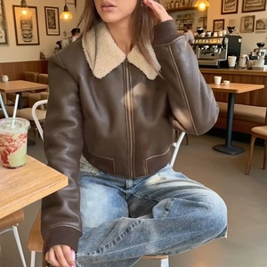 Brown faux leather jacket with cream fleece collar and warm lining for women