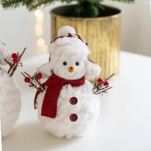 Knitted Christmas snowman plush doll with red scarf and hat for festive table decoration