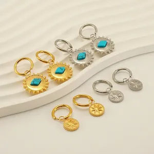 Edelstahl Creolen 18K Vergoldet Türkis Sternenregen Stern Anhänger Böhmisch Vintage Schmuck Für Frauen